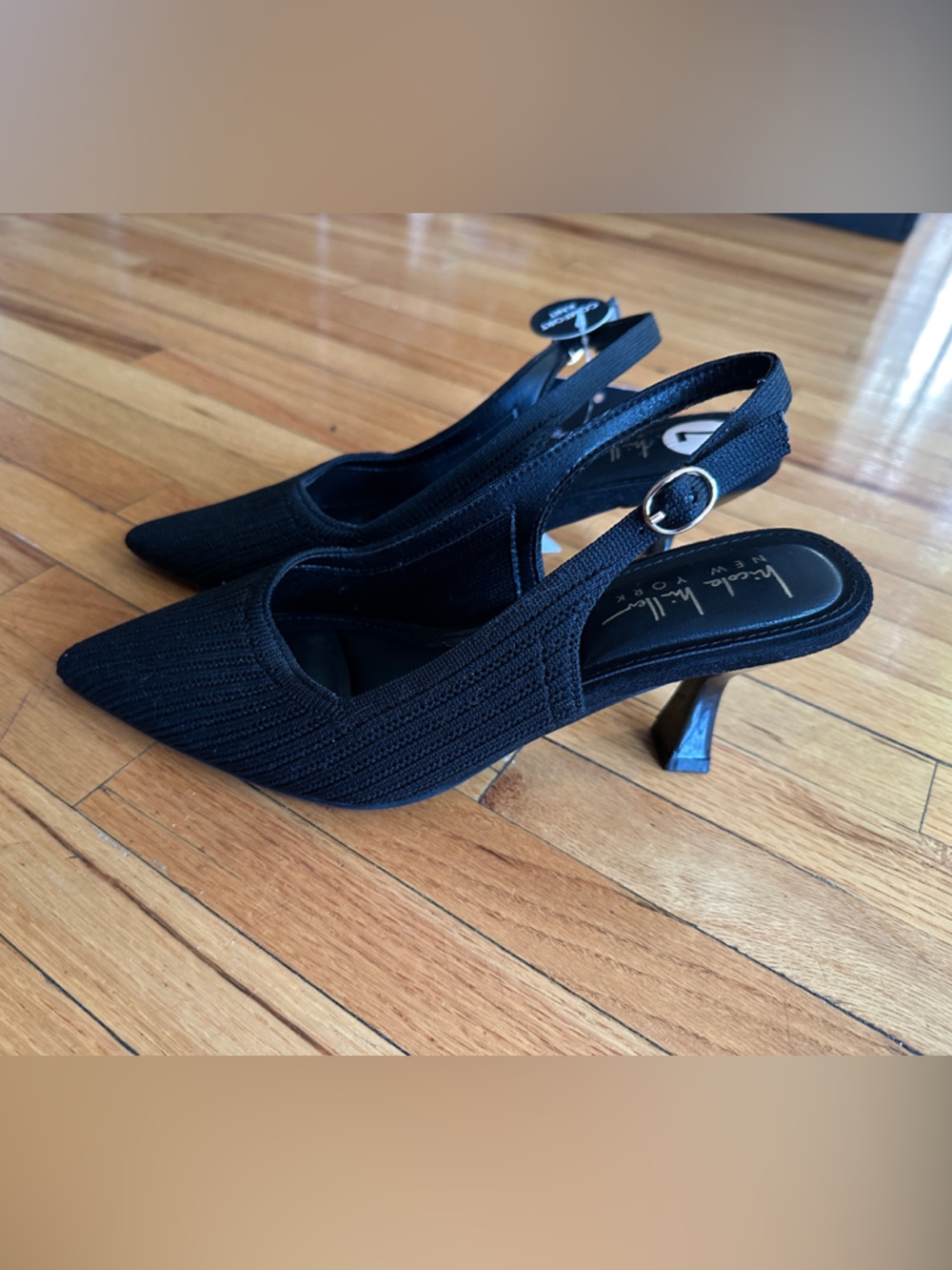 Nicole Miller Black Pointed Knit Slingback Heels